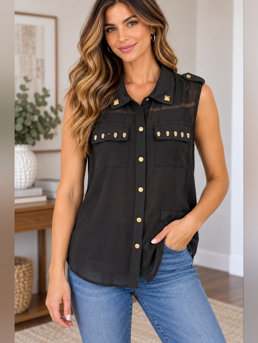 Mig Black Sheer Sleeveless Skull Studded Button Up Blouse